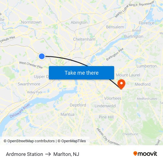 Ardmore Station to Marlton, NJ map