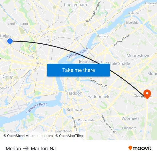 Merion to Marlton, NJ map