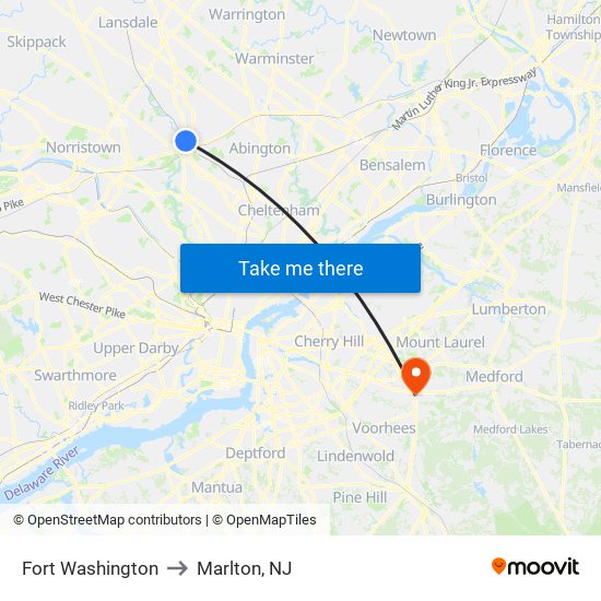 Fort Washington to Marlton, NJ map