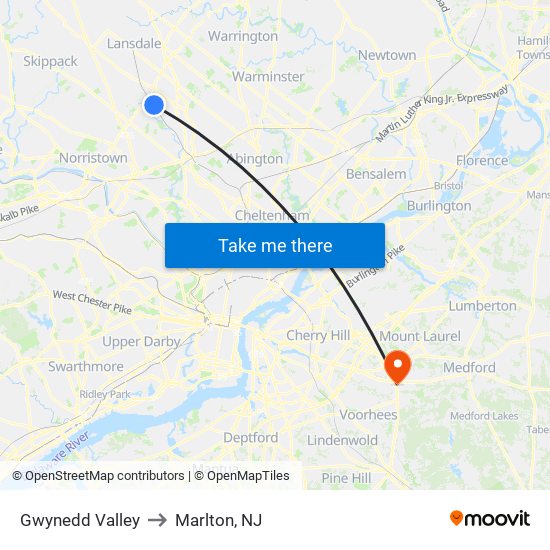 Gwynedd Valley to Marlton, NJ map
