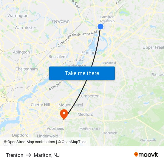Trenton to Marlton, NJ map