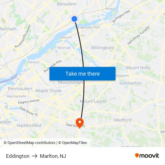 Eddington to Marlton, NJ map