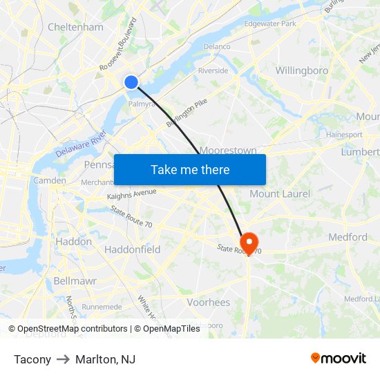 Tacony to Marlton, NJ map