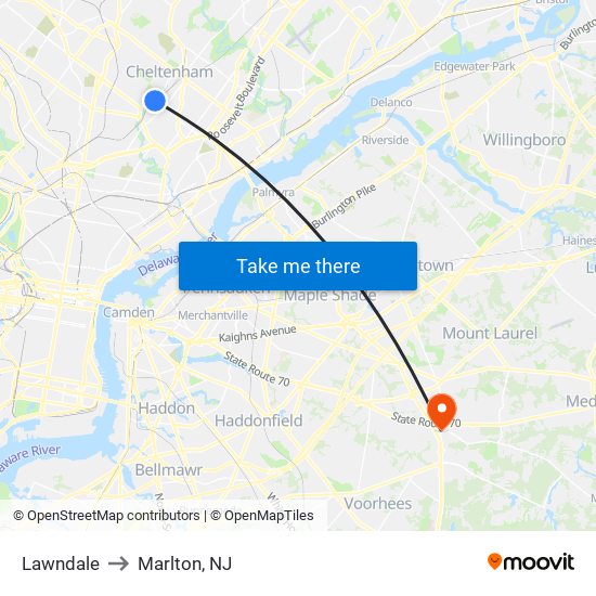 Lawndale to Marlton, NJ map