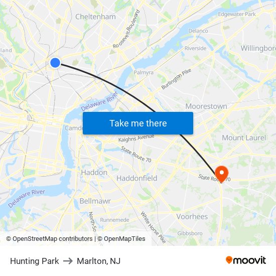 Hunting Park to Marlton, NJ map