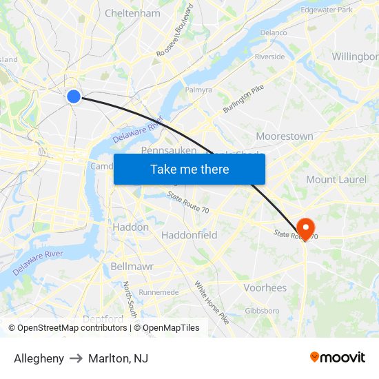 Allegheny to Marlton, NJ map
