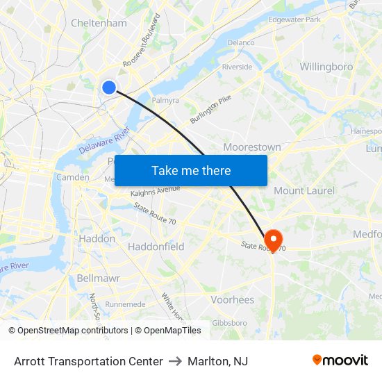 Arrott Transportation Center to Marlton, NJ map