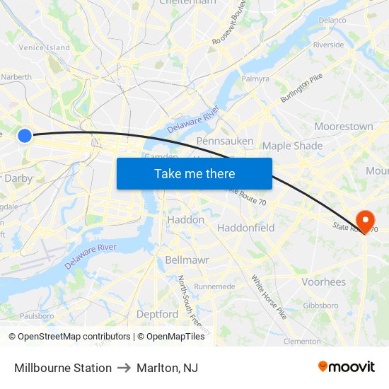 Millbourne Station to Marlton, NJ map