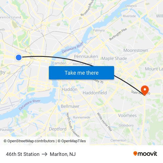 46th St Station to Marlton, NJ map