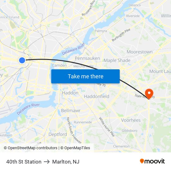 40th St Station to Marlton, NJ map