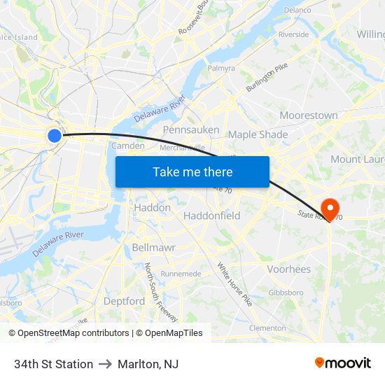 34th St Station to Marlton, NJ map