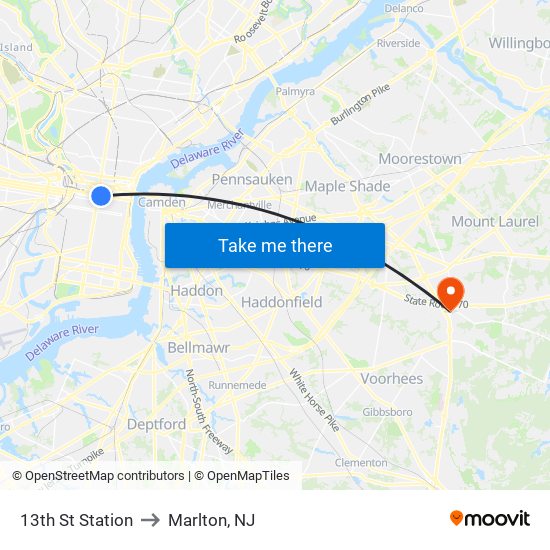 13th St Station to Marlton, NJ map