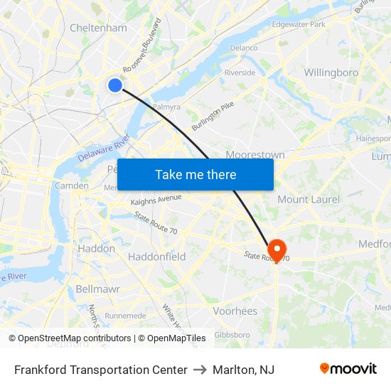 Frankford Transportation Center to Marlton, NJ map