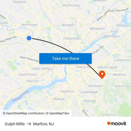 Gulph Mills to Marlton, NJ map