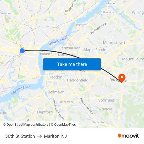 30th St Station to Marlton, NJ map