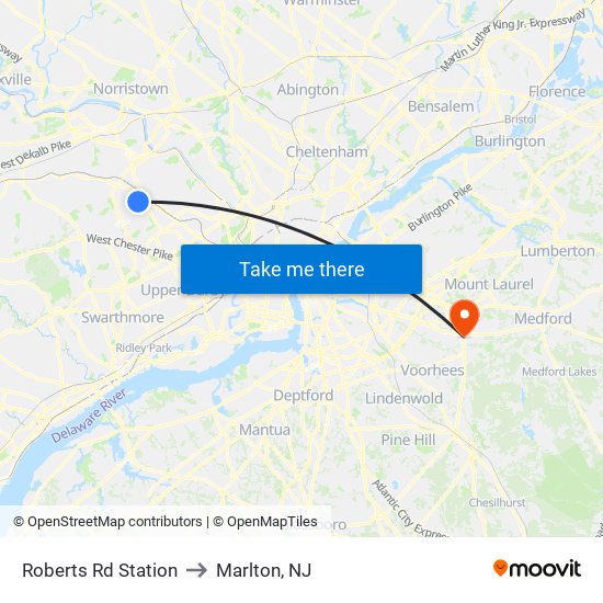 Roberts Rd Station to Marlton, NJ map