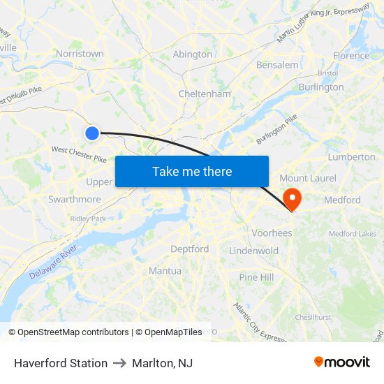 Haverford Station to Marlton, NJ map