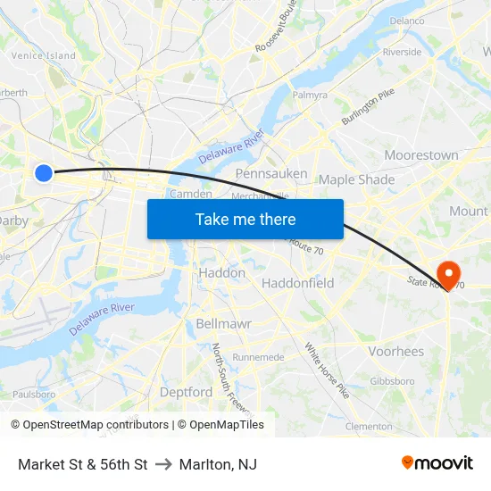 Market St & 56th St to Marlton, NJ map