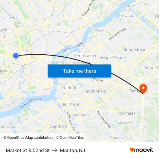 Market St & 52nd St to Marlton, NJ map