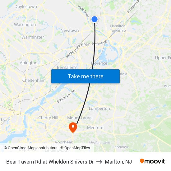 Bear Tavern Rd at Wheldon Shivers Dr to Marlton, NJ map