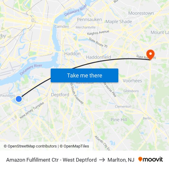 Amazon Fulfillment Ctr - West Deptford to Marlton, NJ map