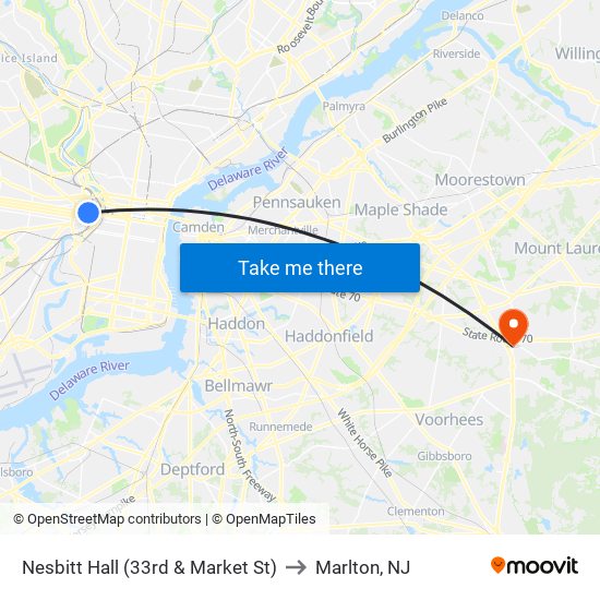 Nesbitt Hall (33rd & Market St) to Marlton, NJ map
