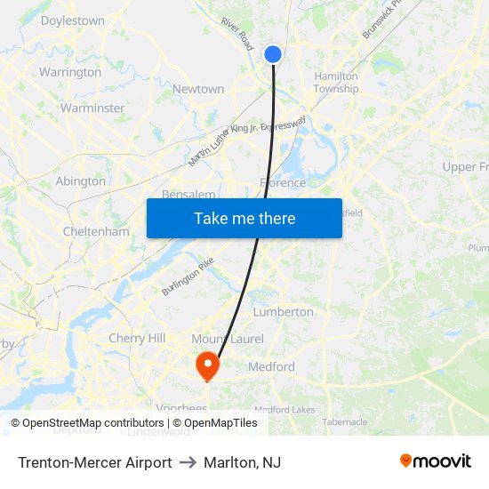 Trenton-Mercer Airport to Marlton, NJ map