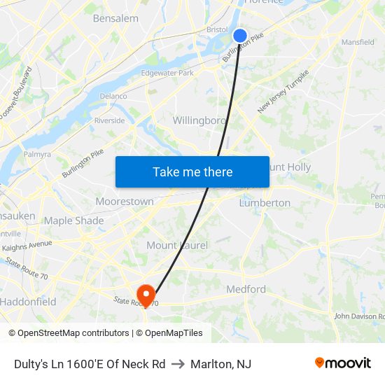 Dulty's Ln 1600'E Of Neck Rd to Marlton, NJ map