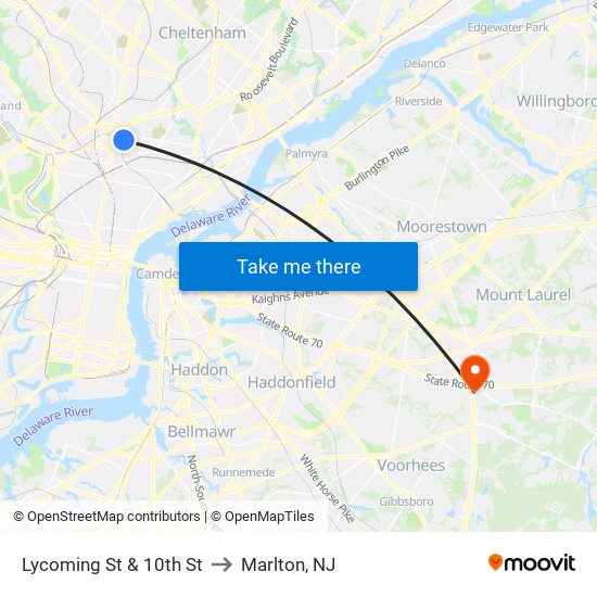 Lycoming St & 10th St to Marlton, NJ map