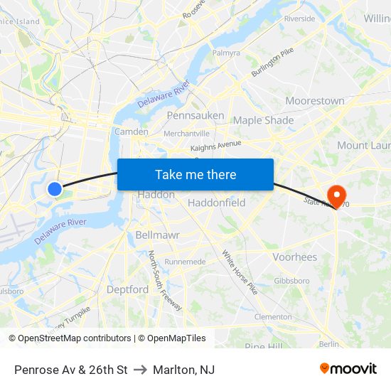 Penrose Av & 26th St to Marlton, NJ map