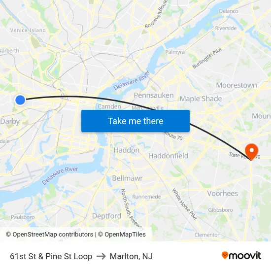 61st St & Pine St Loop to Marlton, NJ map