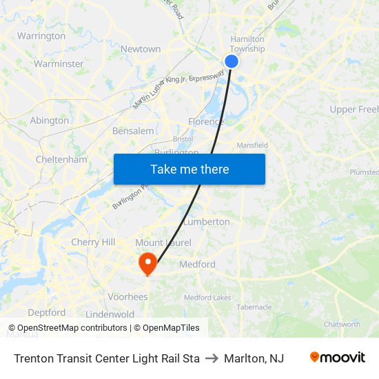 Trenton Transit Center Light Rail Sta to Marlton, NJ map