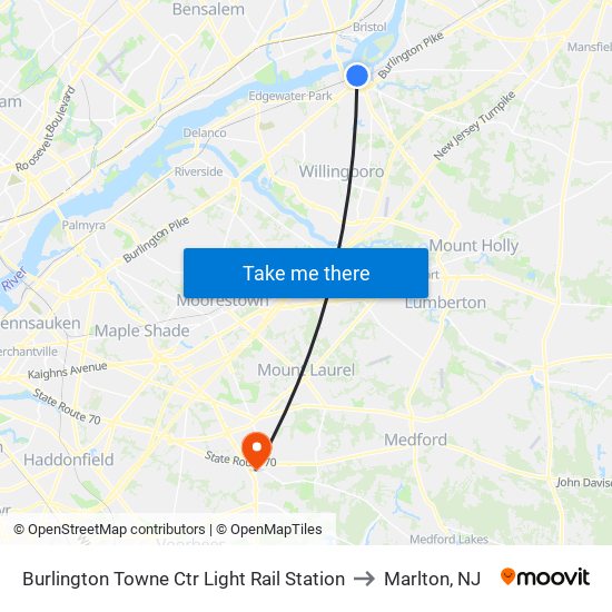 Burlington Towne Ctr Light Rail Station to Marlton, NJ map