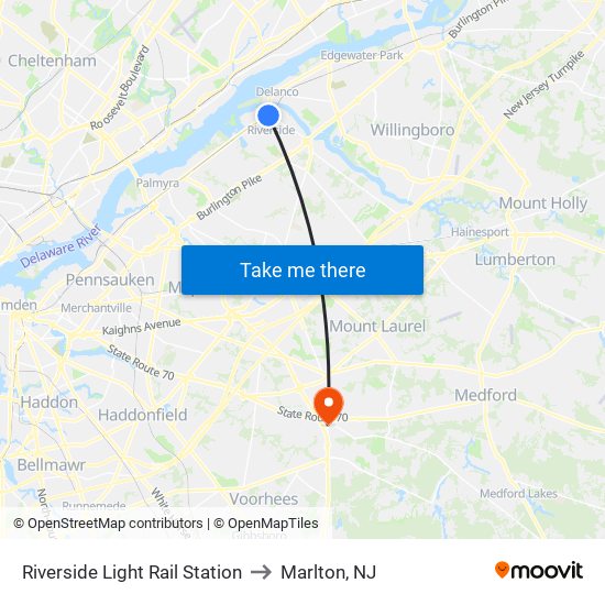 Riverside Light Rail Station to Marlton, NJ map