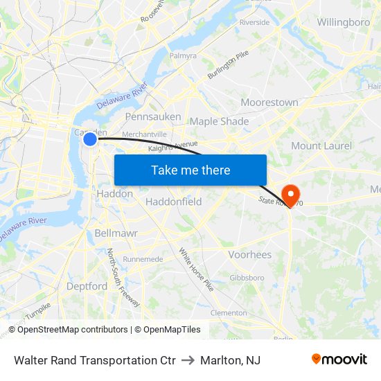 Walter Rand Transportation Ctr to Marlton, NJ map