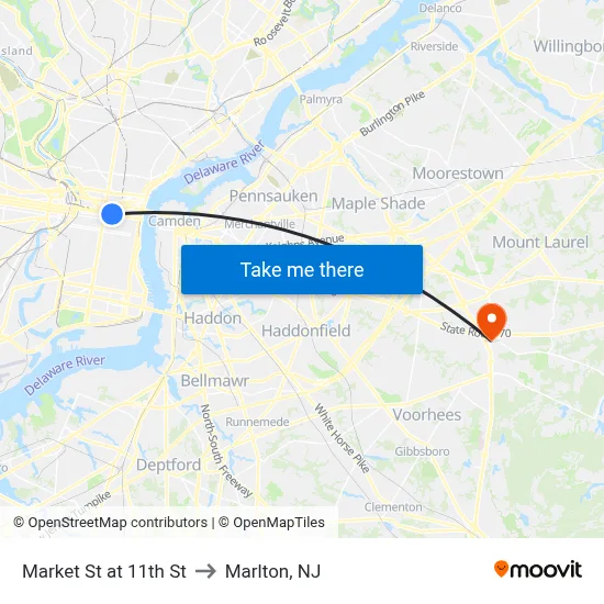 Market St at 11th St to Marlton, NJ map