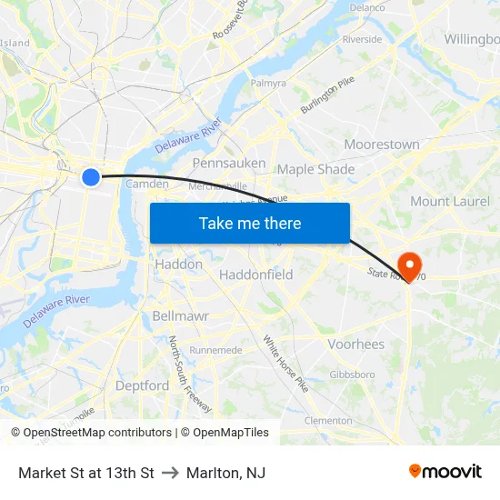Market St at 13th St to Marlton, NJ map