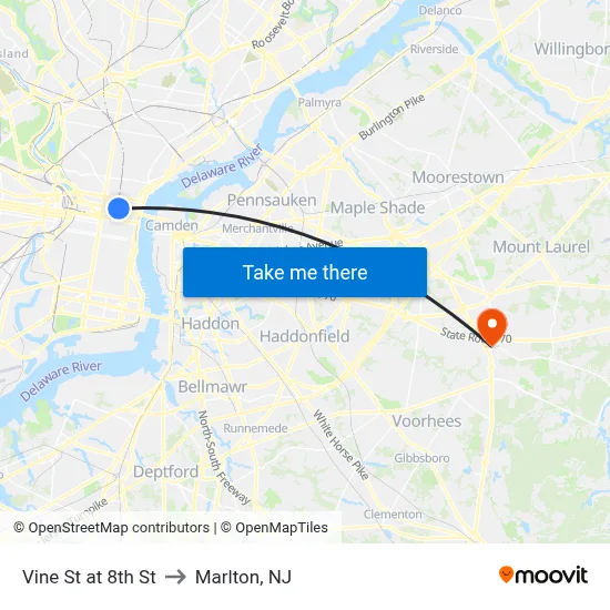 Vine St at 8th St to Marlton, NJ map