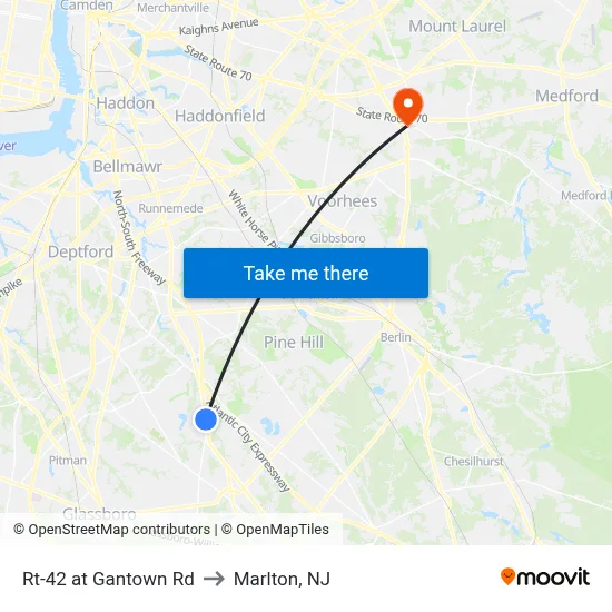 Rt-42 at Gantown Rd to Marlton, NJ map