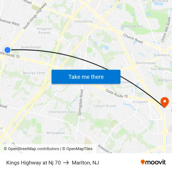 Kings Highway at Nj 70 to Marlton, NJ map