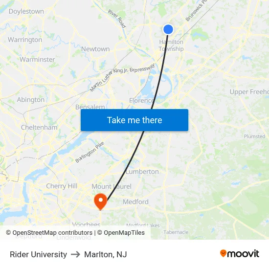 Rider University to Marlton, NJ map