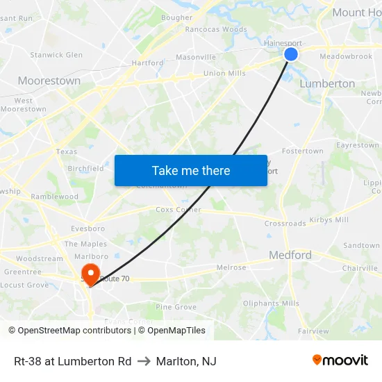 Rt-38 at Lumberton Rd to Marlton, NJ map
