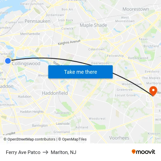 Ferry Ave Patco to Marlton, NJ map