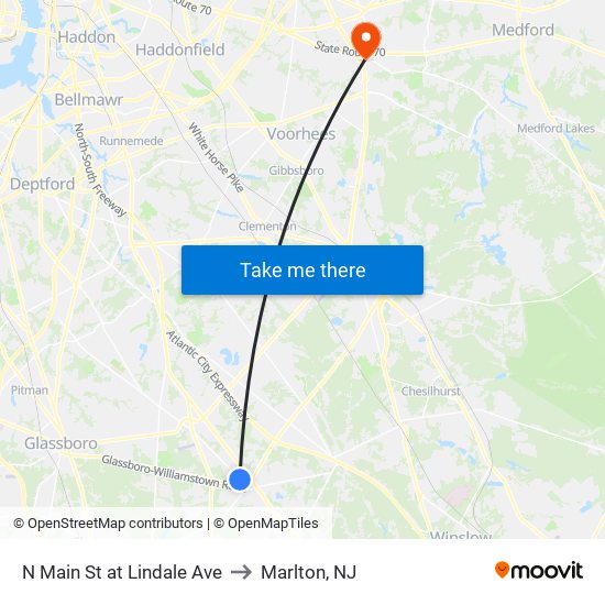 N Main St at Lindale Ave to Marlton, NJ map