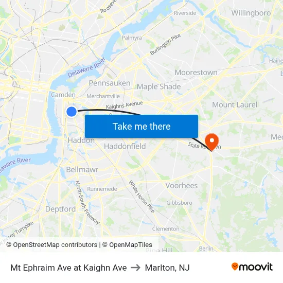 Mt Ephraim Ave at Kaighn Ave to Marlton, NJ map