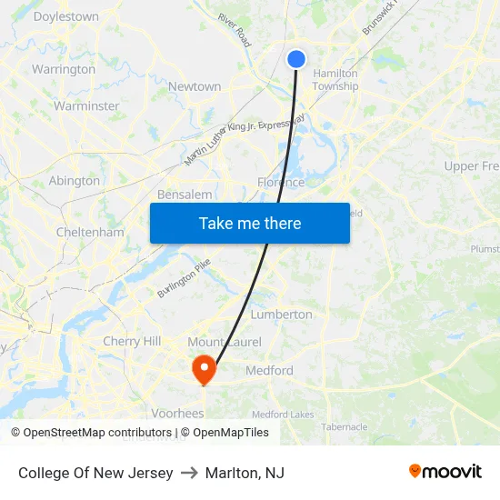 College Of New Jersey to Marlton, NJ map