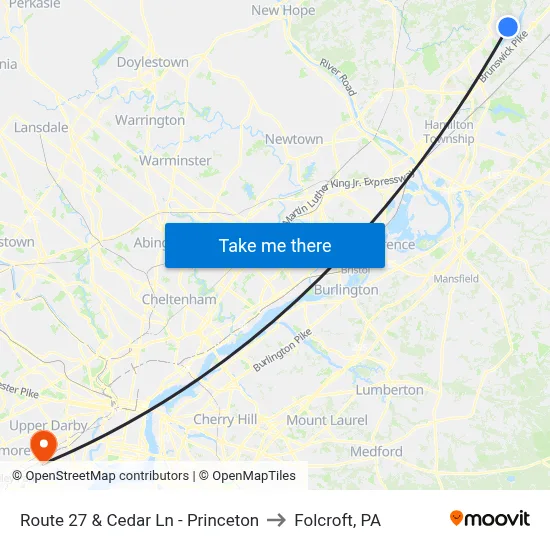 Route 27 & Cedar Ln - Princeton to Folcroft, PA map