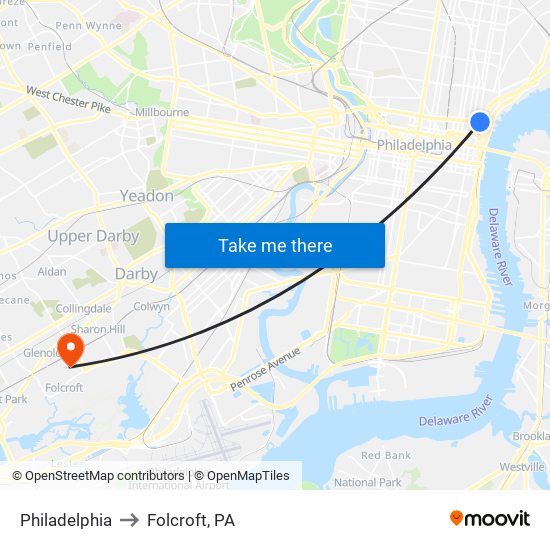 Philadelphia to Folcroft, PA map