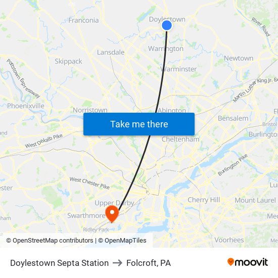 Doylestown Septa Station to Folcroft, PA map