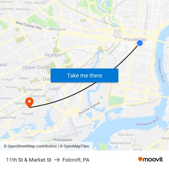 11th St & Market St to Folcroft, PA map